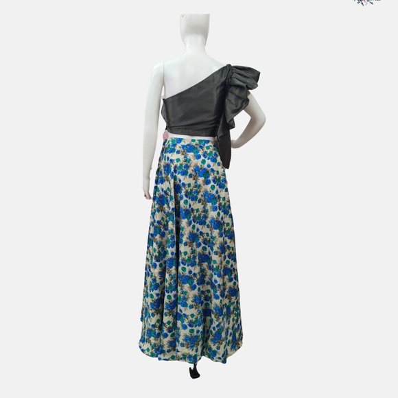 Blue Floral Print Raw Silk Skirt with Crop Top - Picture 4 of 6